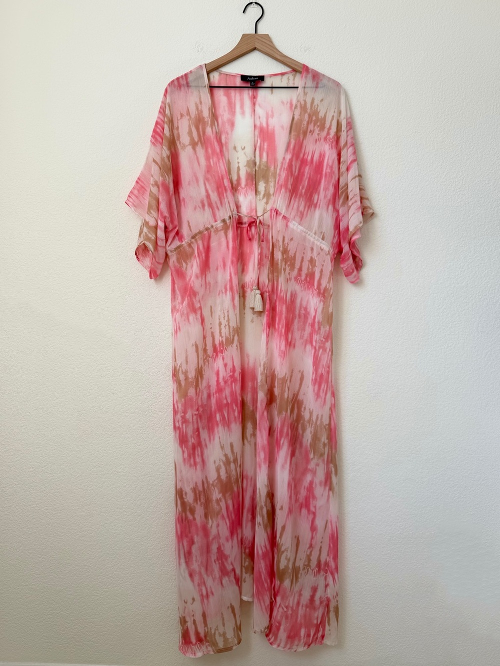 Aakaa Pink Tie-Dye Sheer Kimono Cardigan Cover Up Maxi Dress Size Large